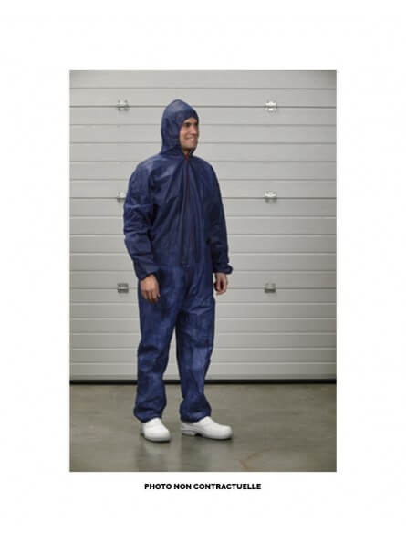 Combinaison jetable bleu à capuche avec fermeture à glissière élastiquée Combinaison jetable bleu à capuche avec fermeture à glissière élastiquée