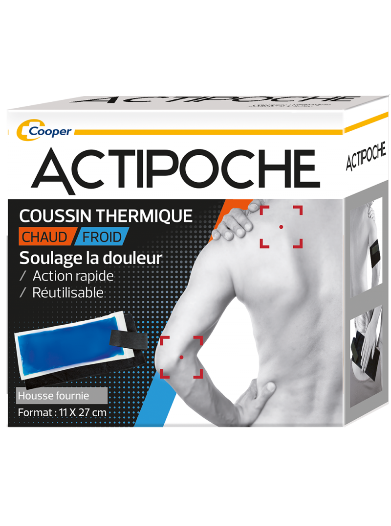 La boite du produit, le coussin thermique en 11x27cm